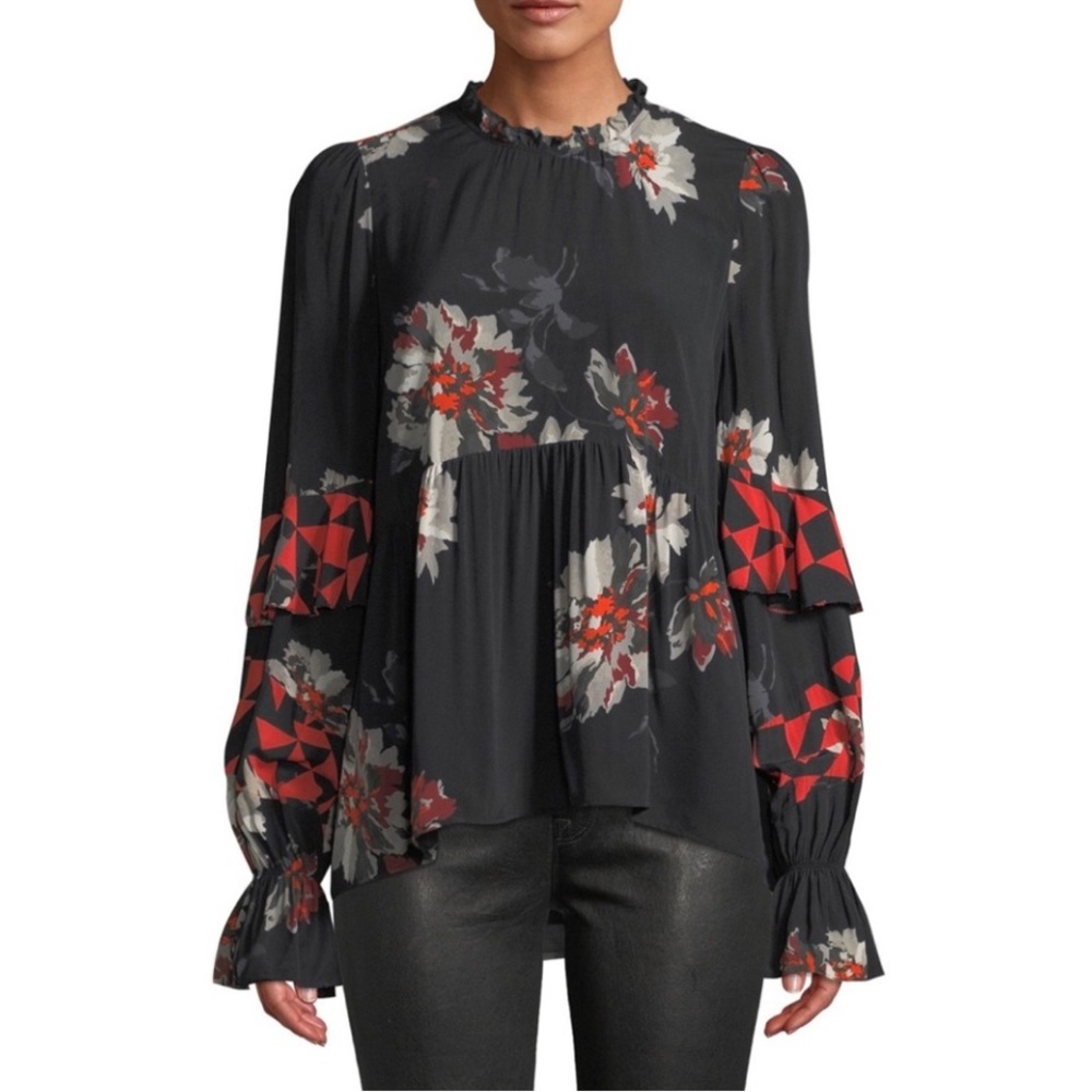 Joie Silk Navy Blue Floral Top, Peplum Top, Ruffle Floral Too, Orange and Blue